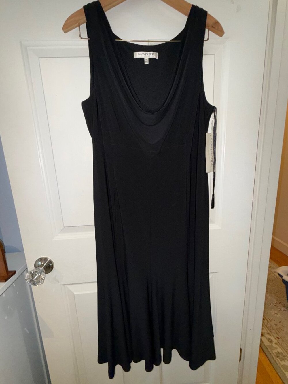 Evan Picone Black Dress Draped Neck with Flair skirt